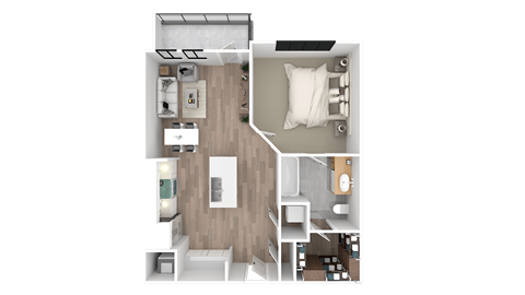 a 3d floor plan of a bedroom with a bathroom and a living room